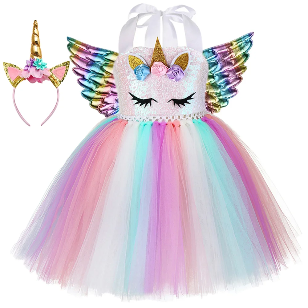 Pastel Sequins Girls Unicorn Tutu Dress Child Birthday Party Pony Costume Outfit Kids Christmas Halloween Carnival | Детская одежда и