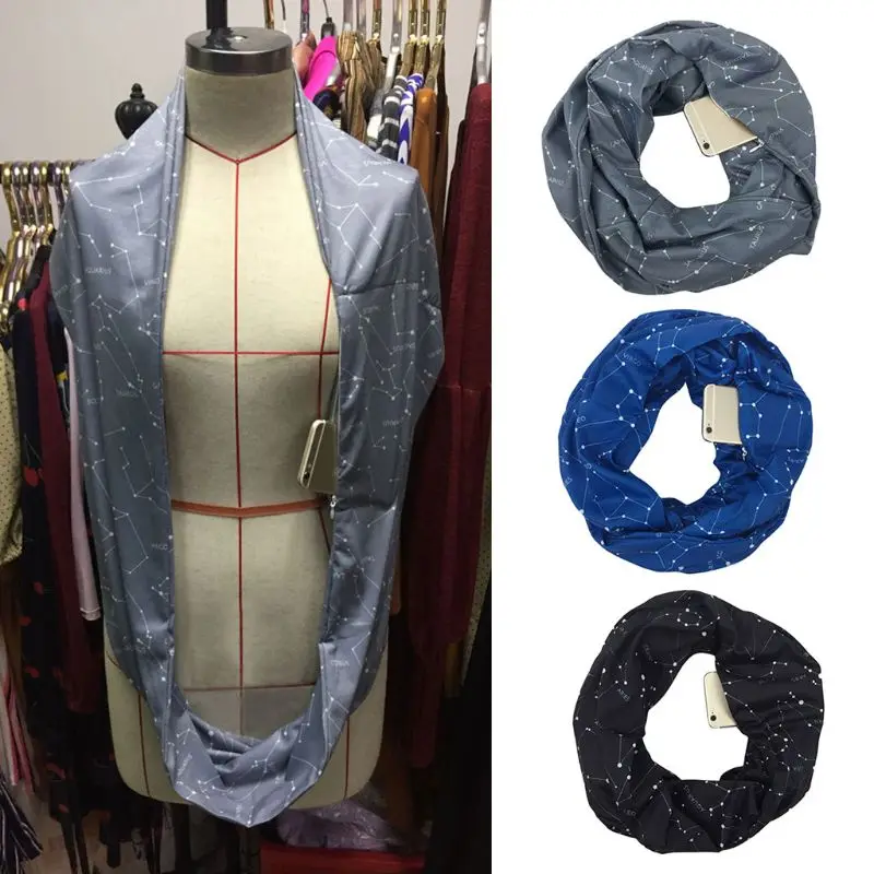 

Womens Double Layer Hidden Zipper Pocket Infinity Loop Scarf Constellation Sign Line Letters Solid Color Winter Ring Blanket Wr