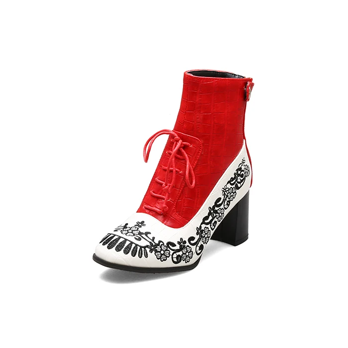 Красный Retro Printed Booties Leather Women Ankle Boots Embroidery High Heels Casual Woman Shoe Zipper Vintage Female Footwear Boot 37 - Цвет: Красный