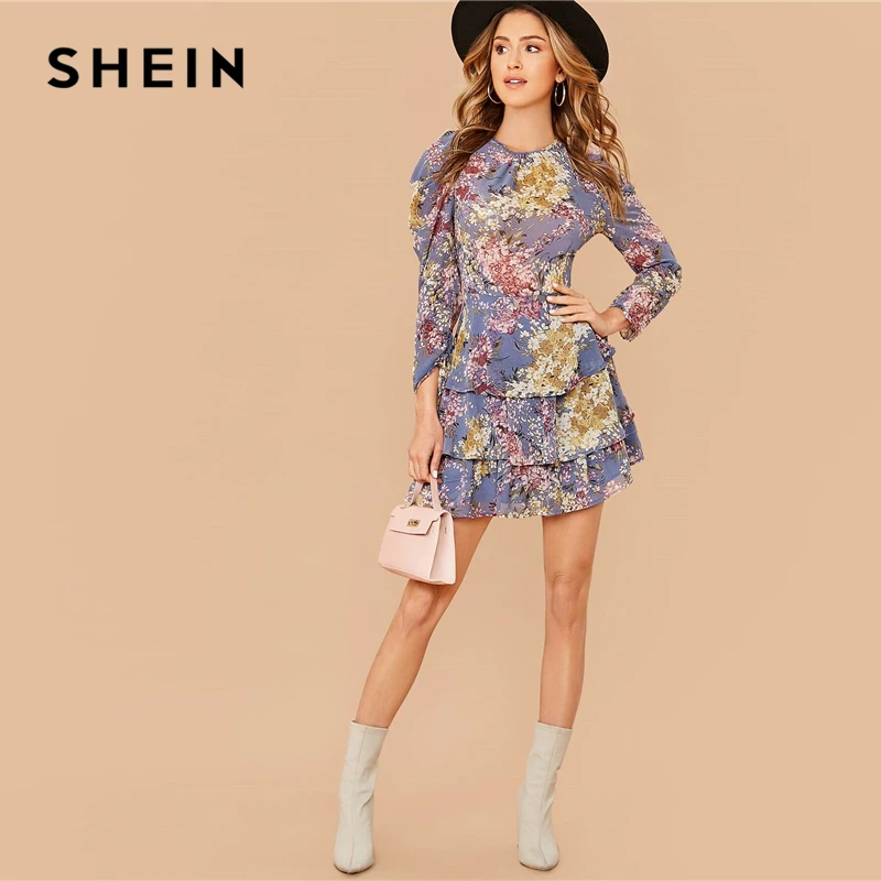 

SHEIN Allover Botanical Print Gigot Sleeve Layered Hem Chiffon Dress Women Spring O-neck High Waist Short A Line Boho Dresses