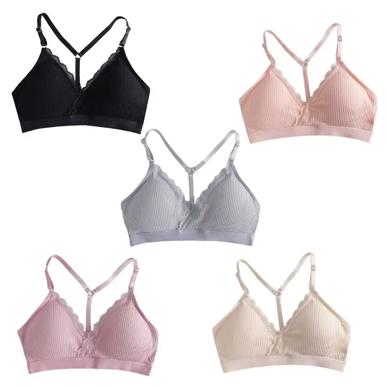 Women Wireless Sports Bra Padded Y-Back Lace Bralette V-Neck Ribbed Underwear X3UE
