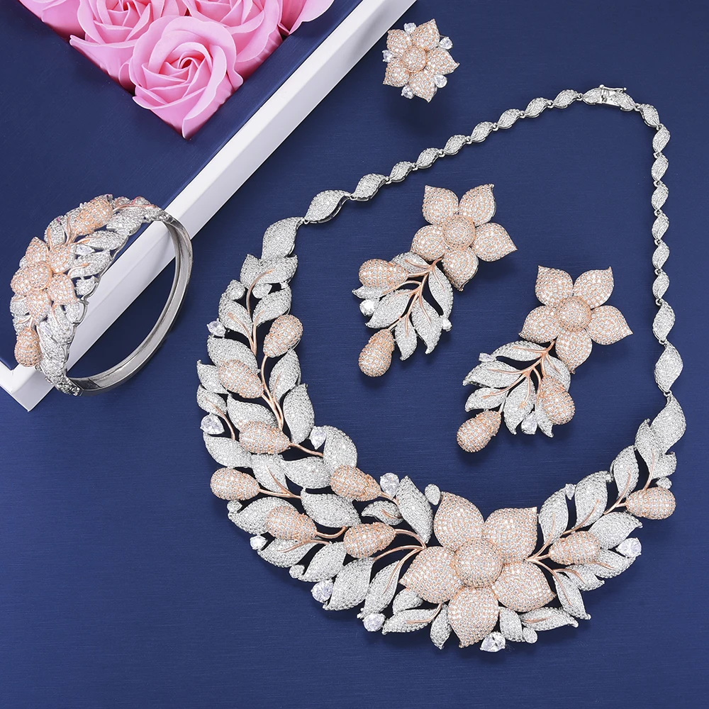 

LARRAURI 4PCS Flower Cluster Floral Women Wedding Jewelry Sets Cubic Zirconia Statement Necklace Earring Bangle Ring Jewelry Set