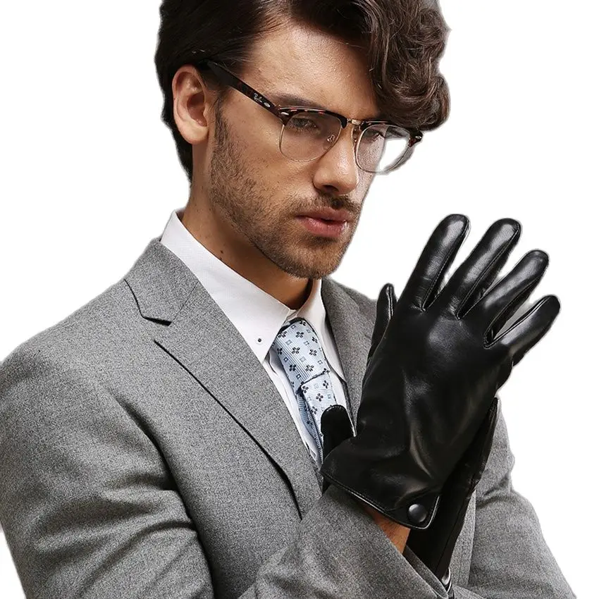 

Мужские классические черные кожаные перчатки для сенсорного экрана, теплые модные зимние перчатки из натуральной козьей кожи, перчатки для...