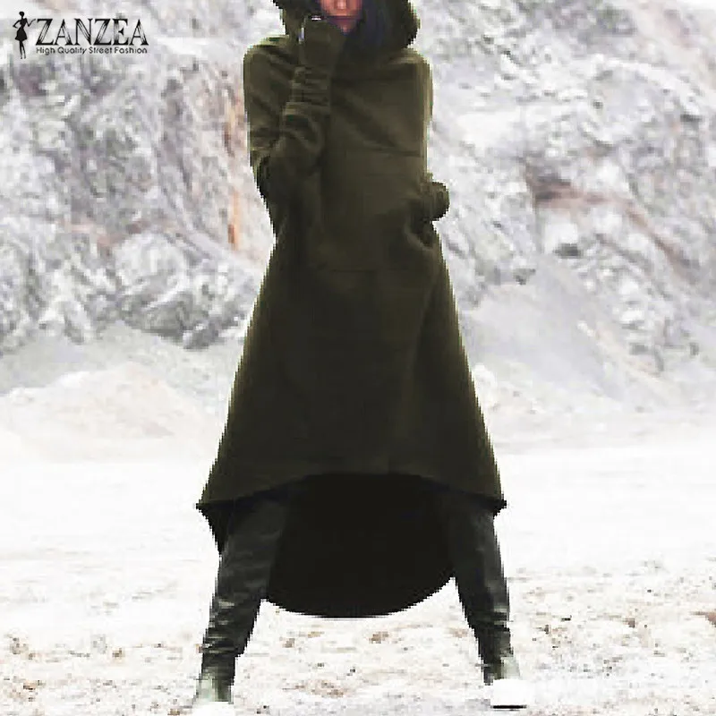 

Платье ZANZEA женское с капюшоном и длинным рукавом, флисовый однотонный свитшот с карманами и асимметричным подолом, худи, пуловер, 2021