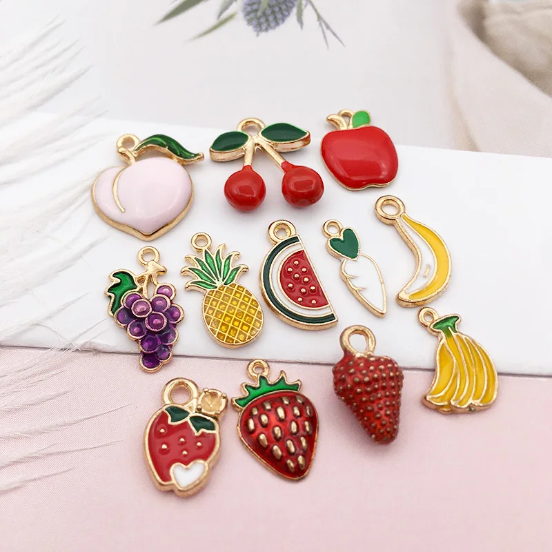 

5pcs Assorted Enamel Plated Gold Fruit Banana Grape Apple Charm for Jewellery Making Necklace Bracelet Earring DIY Findings