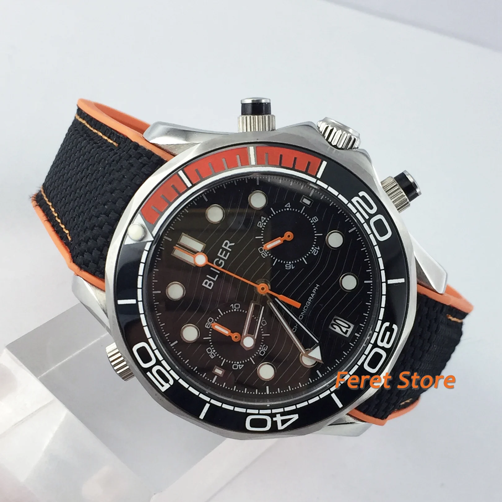 

Мужские кварцевые часы Bliger, 41 мм, серебристый чехол, сапфировое стекло, оранжевый керамический Безель, черный циферблат, дата, хронограф