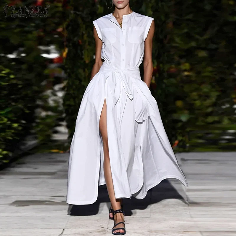 

Модное женское Элегантное Длинное Платье ZANZEA, повседневное винтажное платье-рубашка без рукавов с разрезом спереди, Осеннее однотонное пра...