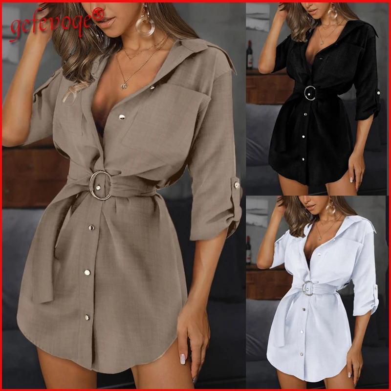 

2021 Spring Dresses Women Elegant Casual Solid Long Sleeve Tunic Bandage OL Work Shirt Party Mini Dress Tops Blouses Robe Femme