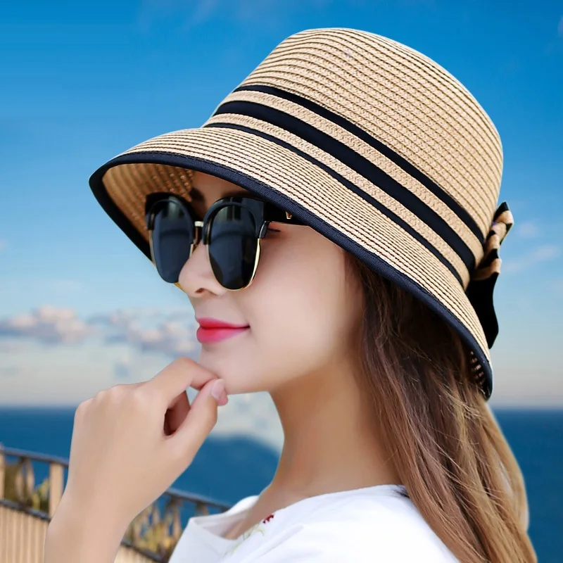 

Muchique Boater Hats for Women Summer Sun Straw Hat Wide Brim Beach Hats Girl Outside Travel Straw Cap Casual Bow Hat B-7847