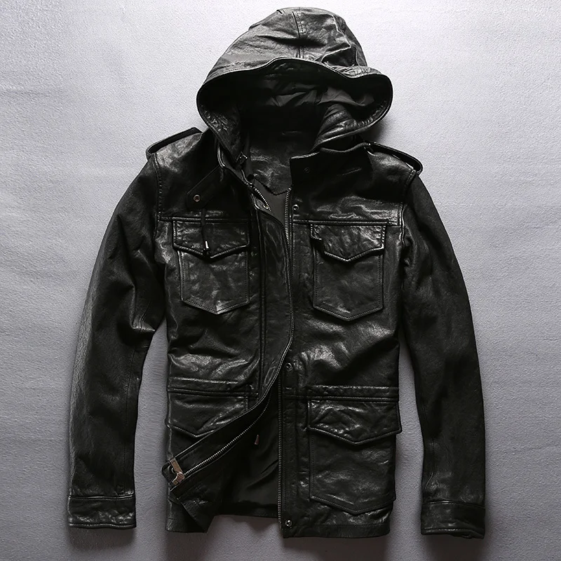

men's hooded black vegetable tanned sheepskin pockets genuine jacket men autumn leather coat with hat