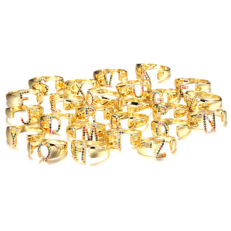 

Hot Sale Adjustable A-Z Initial Ring Bohemian Copper Zircon Rainbow Letter Ring for Women Girls Party Wedding Jewelry Gift