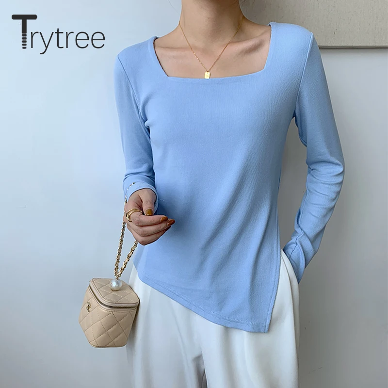 

Trytree Spring Autumn Woman T-shirt Casual Square Collar Solid 5 Colors T-shirt Elastic Asymmetrical Hem Basic Tops For Women