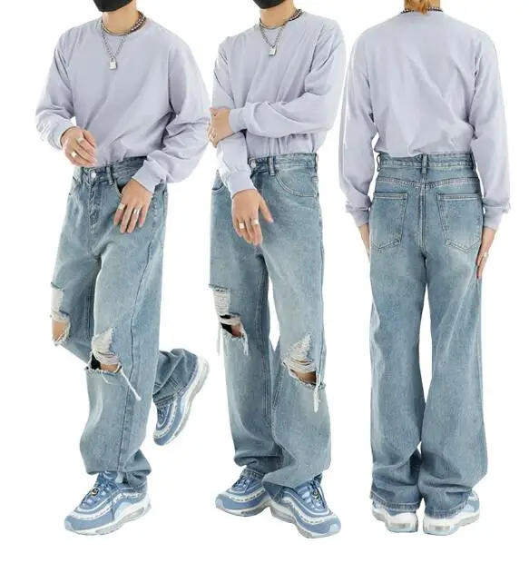 Jeans Men Street Ripped Jeans Men's Mopping Pants Loose Wash Straight-Leg  Denim Pants
