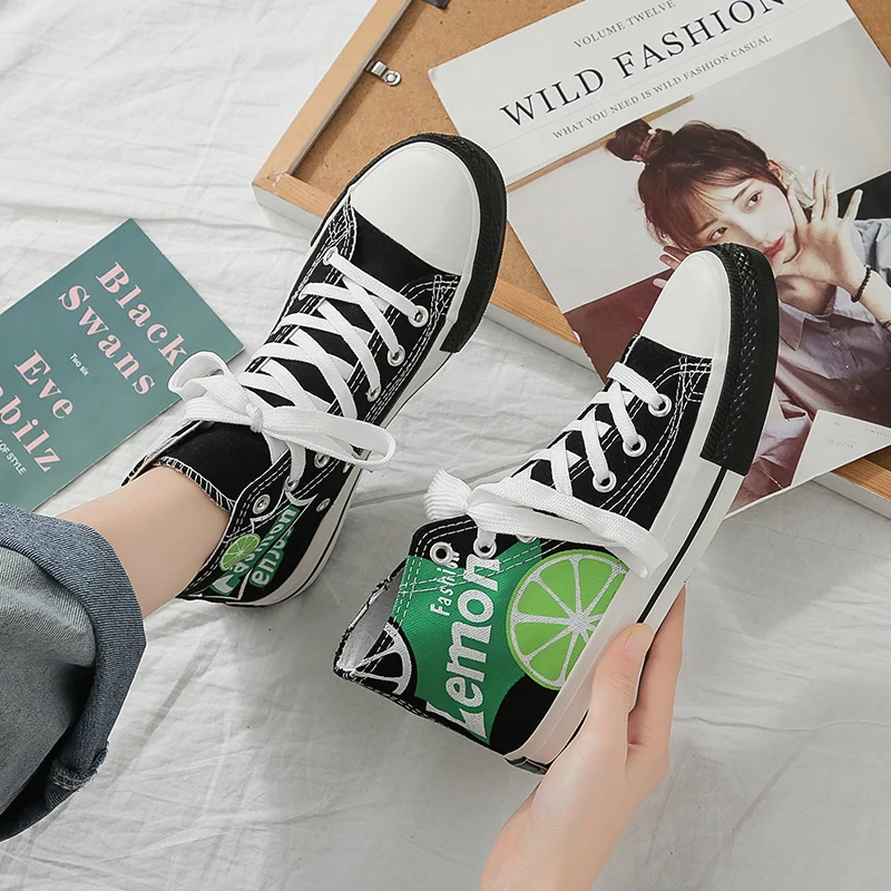 

Women's Yellow High Top Canvas Shoes Women Fashion Non Slip Casual Shoes Womens Cute Printed Platform Sneakers Zapatillas Mujer