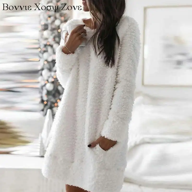 Осенне-зимнее женское однотонное Пышное Платье с круглым вырезом и длинным