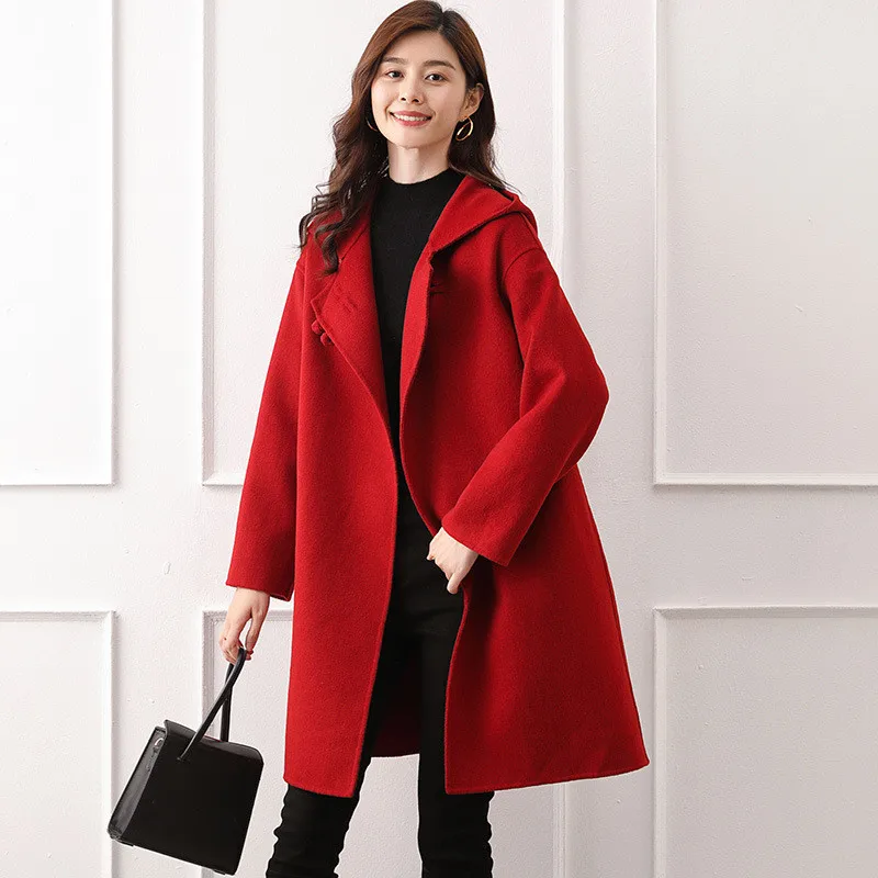 

2020 Winter New Solid Color Hooded Double-sided Cashmere Mid-length Korean Loose Hepburn Style Wwoolen Woolen Coat Women B309