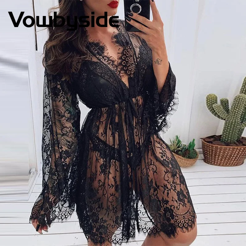 

Sexy Women Eyelash Crochet Lace Sheer Mesh Lingerie & Robe Set