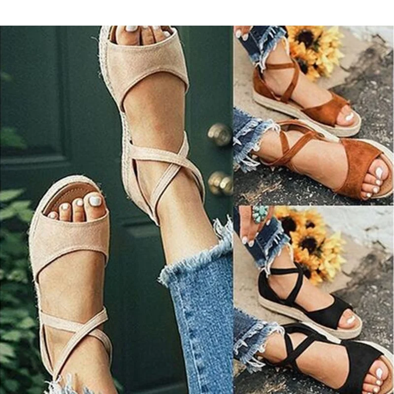 

Women Ladies Women Fish Mouth Non-slip Platform Slope Flat Heels Sandals Cross Strap Sandals Outdoor Style For Women Size 35-43