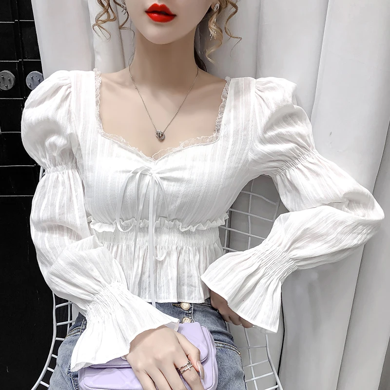 

Short Shirts Women Summer Slim Pleated Lace Stitching Ribbon Long Sleeved Square-neck Tops Harajuku Shirt Women Blouses