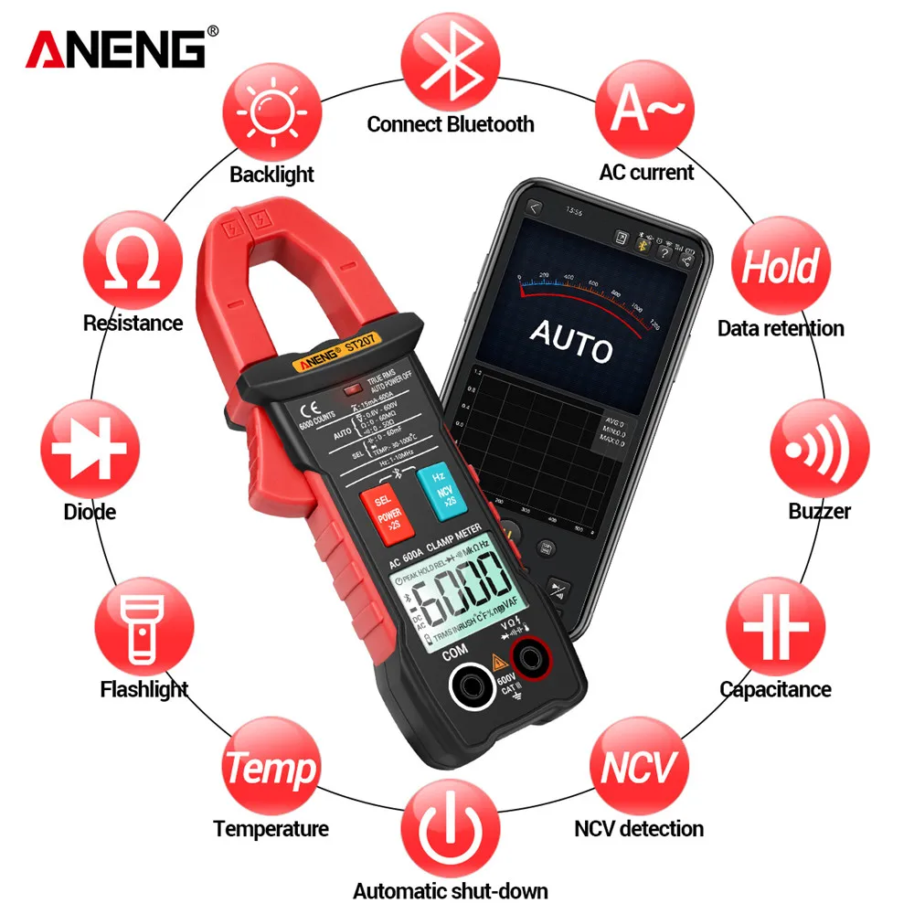 ANENG ST207 Pinza amperimétrica Bluetooth recientemente actualizada multimetro tester digital multimeter profesional polimetro amperimetro de gancho tester comprobador de corriente abrazaderas de apriete ac/dc clamp