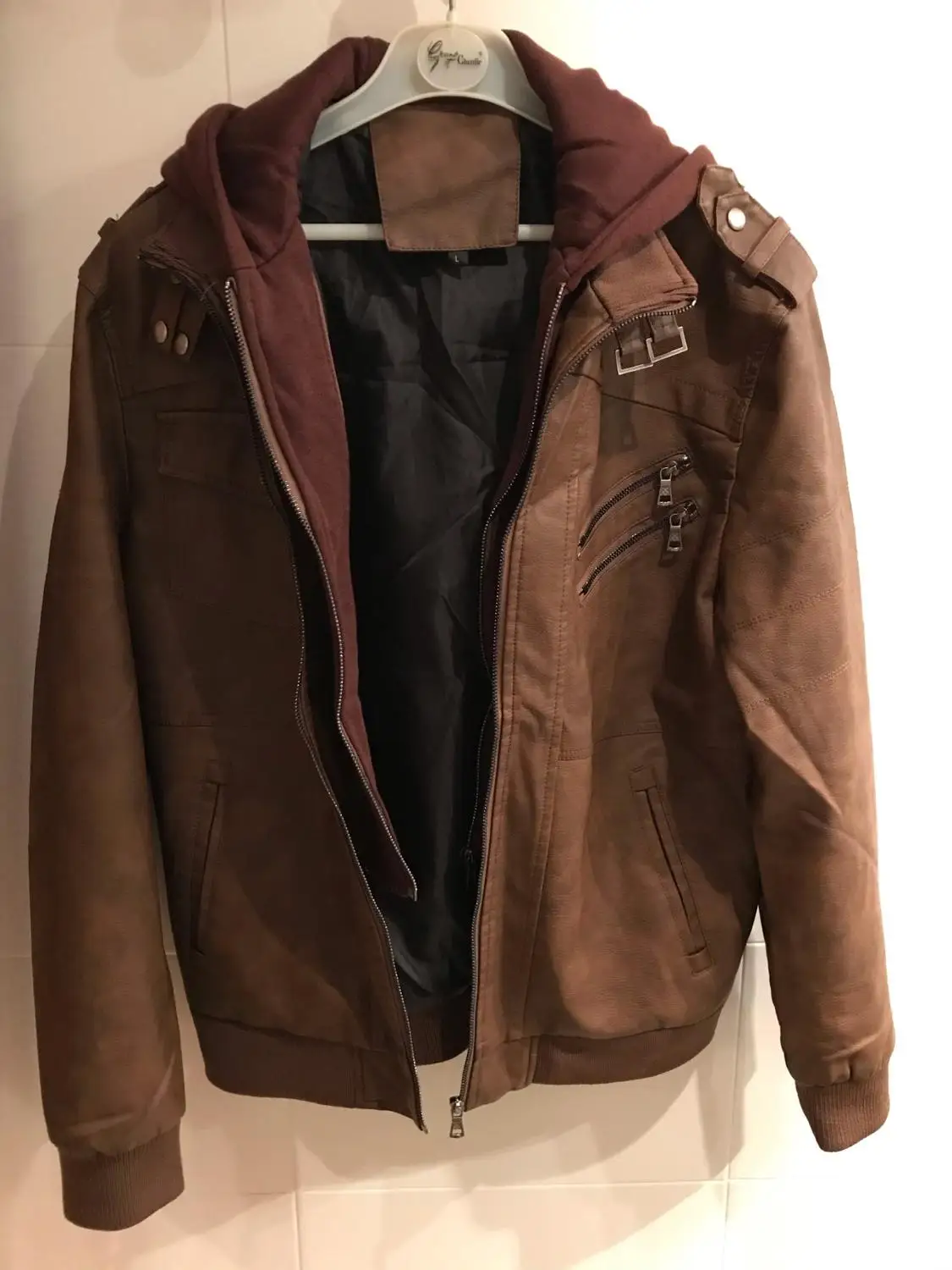 Мужская кожаная куртка со съемным капюшоном модная теплая для мотоцикла зимняя |