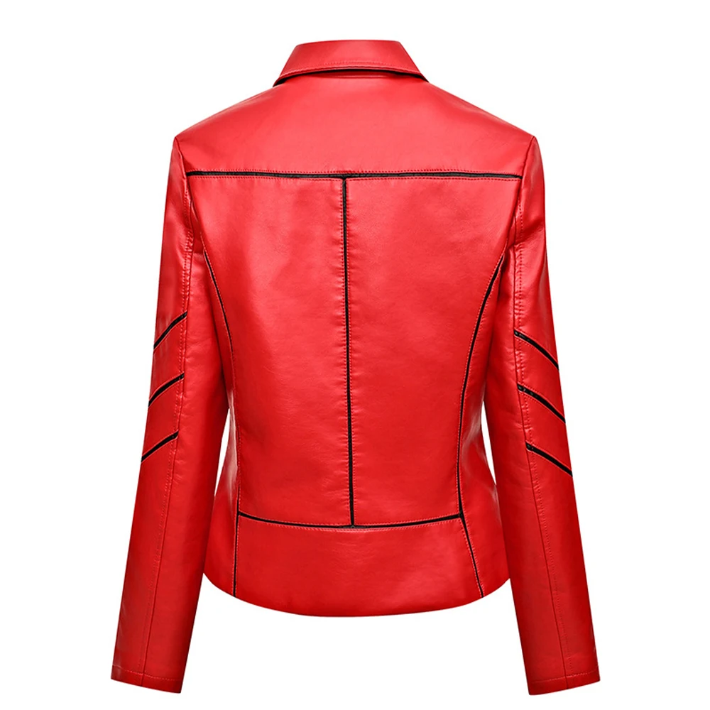 Elegant Women Zipper Up Leather Solid Color Jackets Turn Down Collar Long Sleeve Coats Spring Autumn Casual Slim Fit Outwear