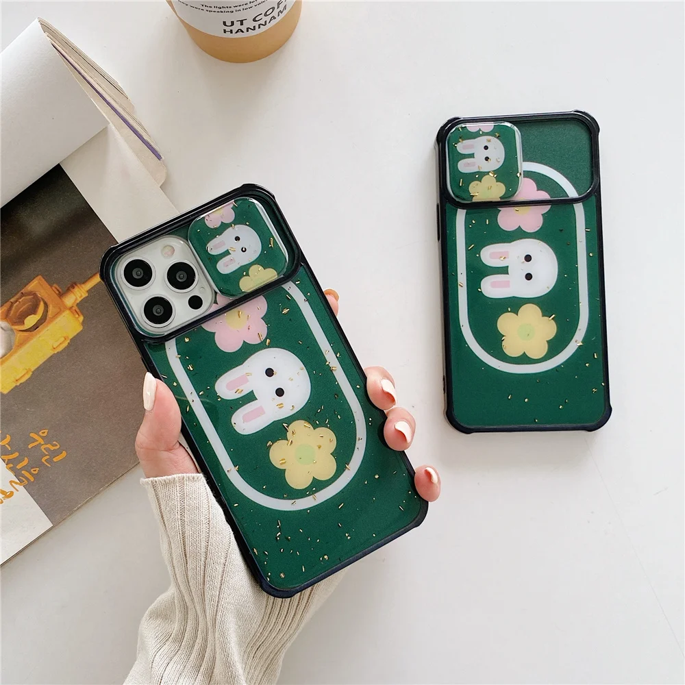 

Lovely Cartoon Rabbit Epoxy Silicon Case For iPhone 12 Pro Max 11 Pro X Xr Xs Max 8 7 Plus SE 2020 Sliding Lens Protection Cover