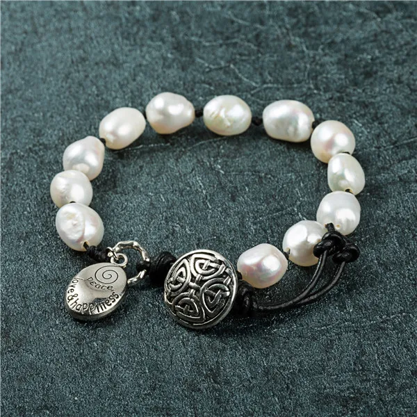 Женский браслет с натуральным жемчугом регулируемой длиной в богемном стиле из