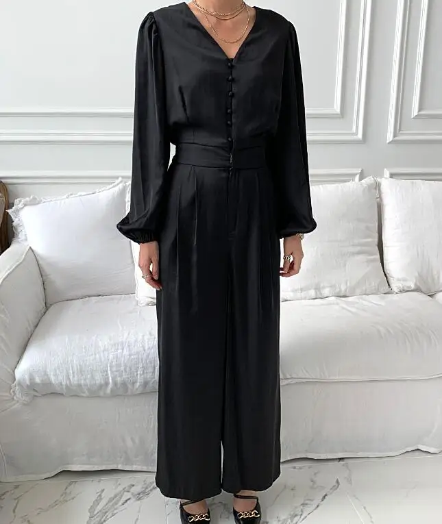 

2021 Chic V-neck Romper Women Jumpsuits with Belt Elegant Wide Leg Pants Full Sleeve Fashion Simple Solid Black Overalls Outfits