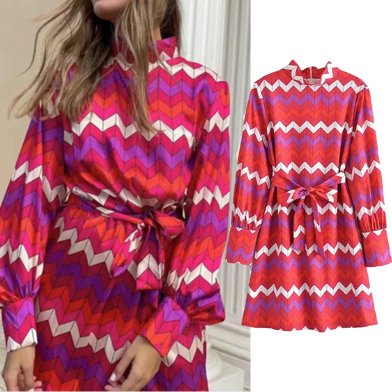 

Женское платье с длинным рукавом Za, Повседневное платье с геометрическим принтом и поясом, зима 2021