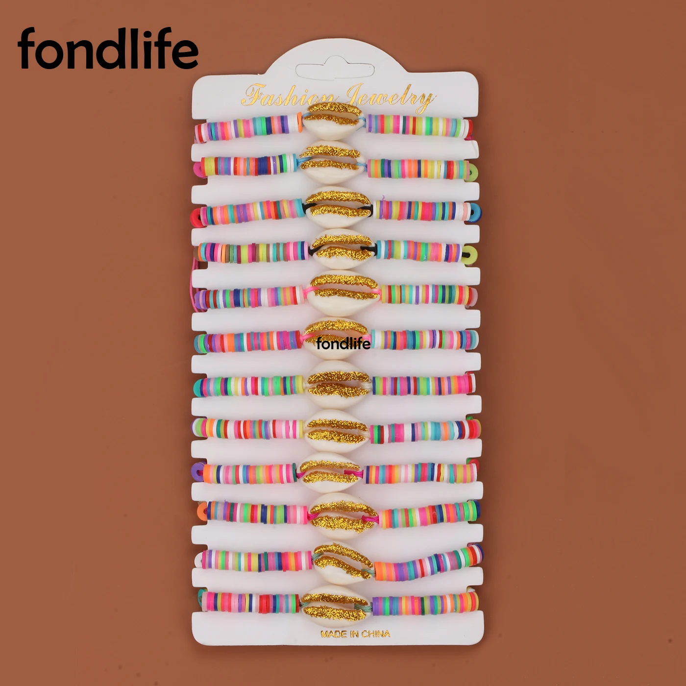 

12pcs Alluvial-Gold Cowrie Seashell 6mm Raibow Polymer Clay Tube Beads Adjustable Bracelet Wholesale Cute Colorful Set Jewelry