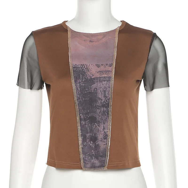 

2021 Women Street T-Shirt Sexy Slim Contrasting Round Neckline Navel Stitching Short Sleeves Casual Summer Fashion New