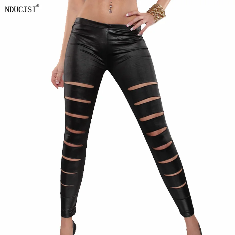 

NDUCJSI Faux Leather Leggings Women Sexy Elastic Tight Trouser Pants Female Stretch Skinny Pencil Hollow Splicing Bandage Bottom