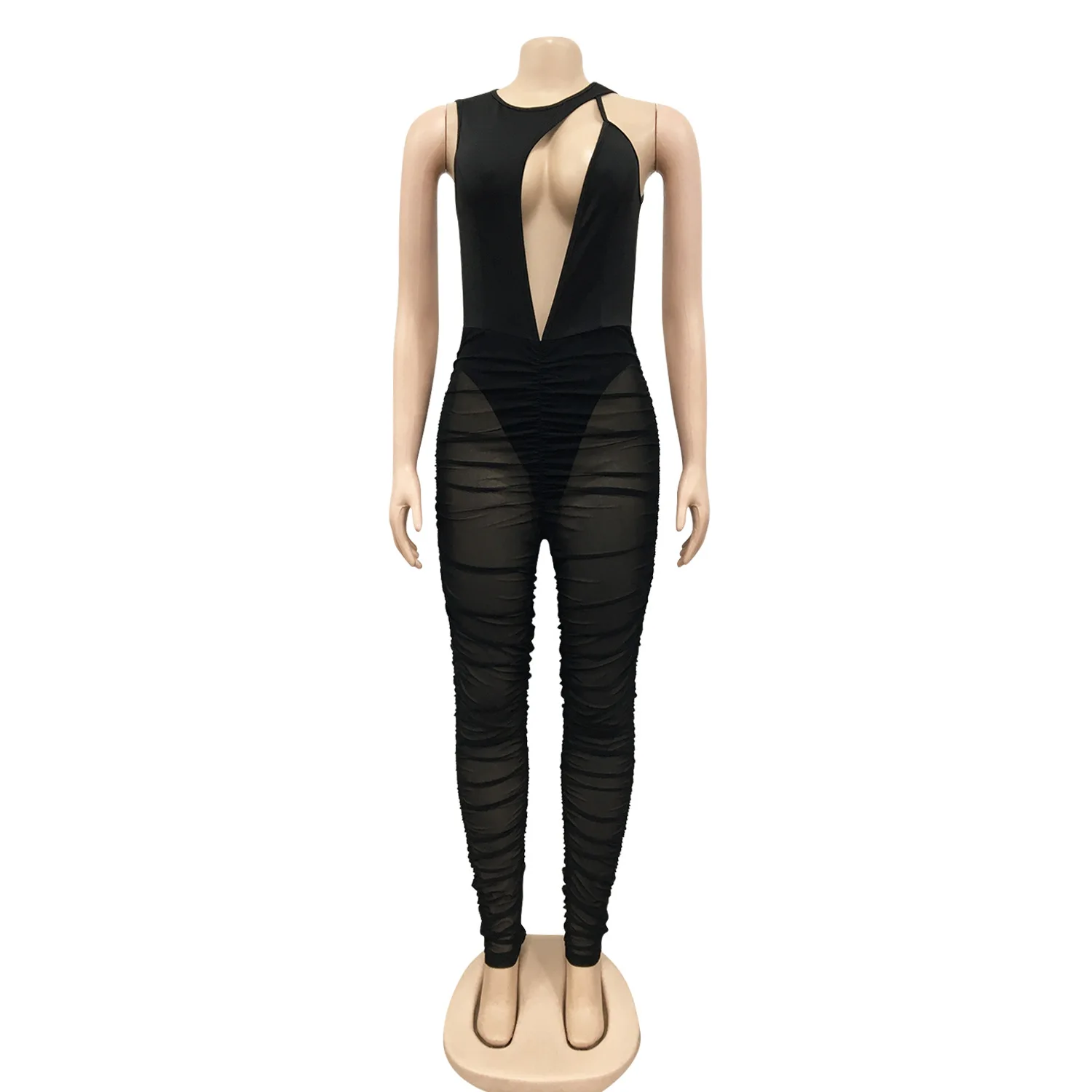 

Hollow Out Mesh Jumpsuit Sleeveless See Though White Black Bodycon Jumpsuits For Women 2021 Sexy Night Club Party Ruched Cut Out