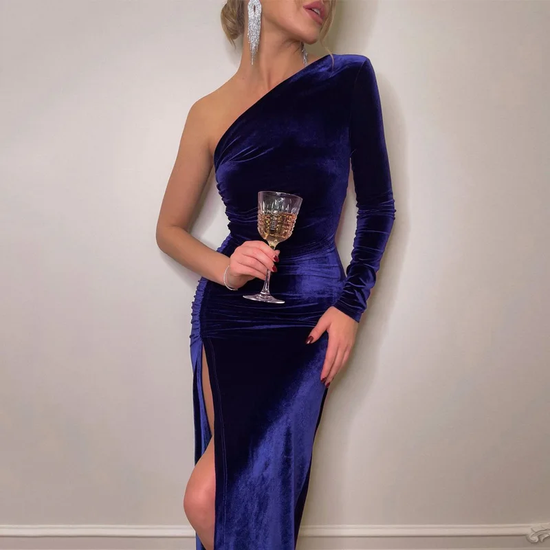 

Fashion women Dress Inclined Shoulder One-sleeve Sexy Dress Slim Autumn And Winter Evening Party Dress Folds