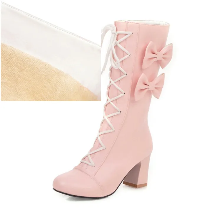 Pink Autumn PXELENA/женские сапоги до середины икры в стиле «Лолита»; милые свадебные туфли на высоком массивном каблуке со шнуровкой и бантом; цвет белый, розовый; обувь для костюмированной вечеринки - Цвет: Pink Autumn
