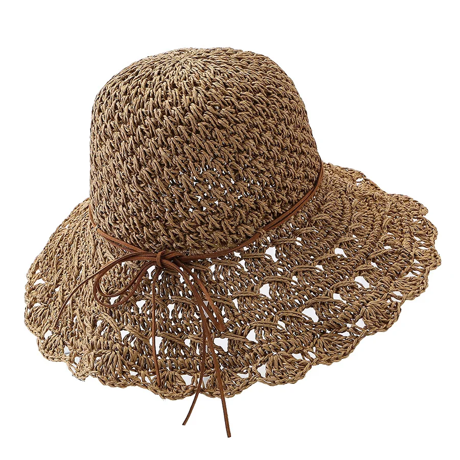 

New summer hand crochet flowers and grass hat female tide foldable leather rope sun hat beach seaside sun hat