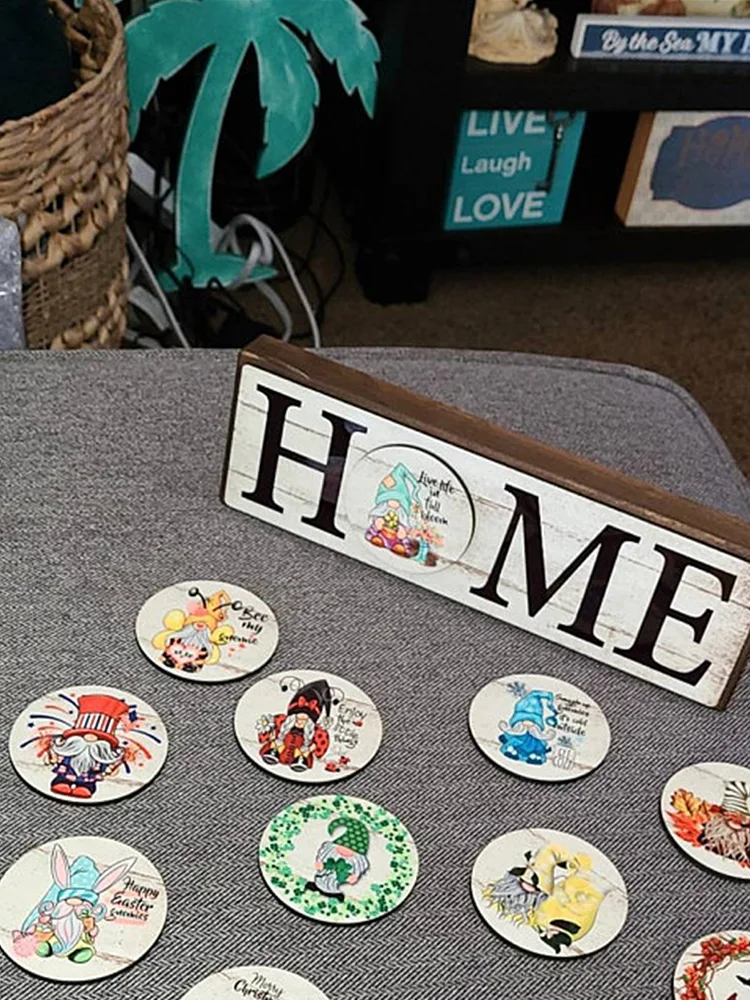 

2021 New High Quality Gnome Home Sign With 12 Interchangeable Rounds Tabletop Desktop Wooden Ornament Home Decoration