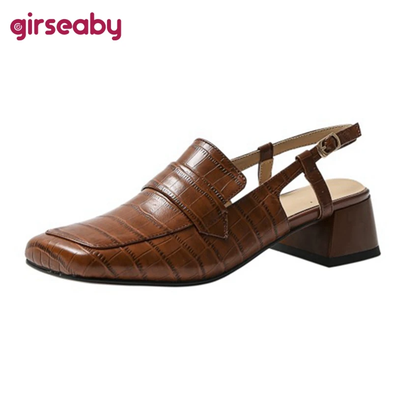 

Girseaby 2021 Retro Ladies Pumps Square Toe Alligator Texture Back Strap Slingbacks 4.5cm Chunky Heel US10 11 Brown Beige A4328