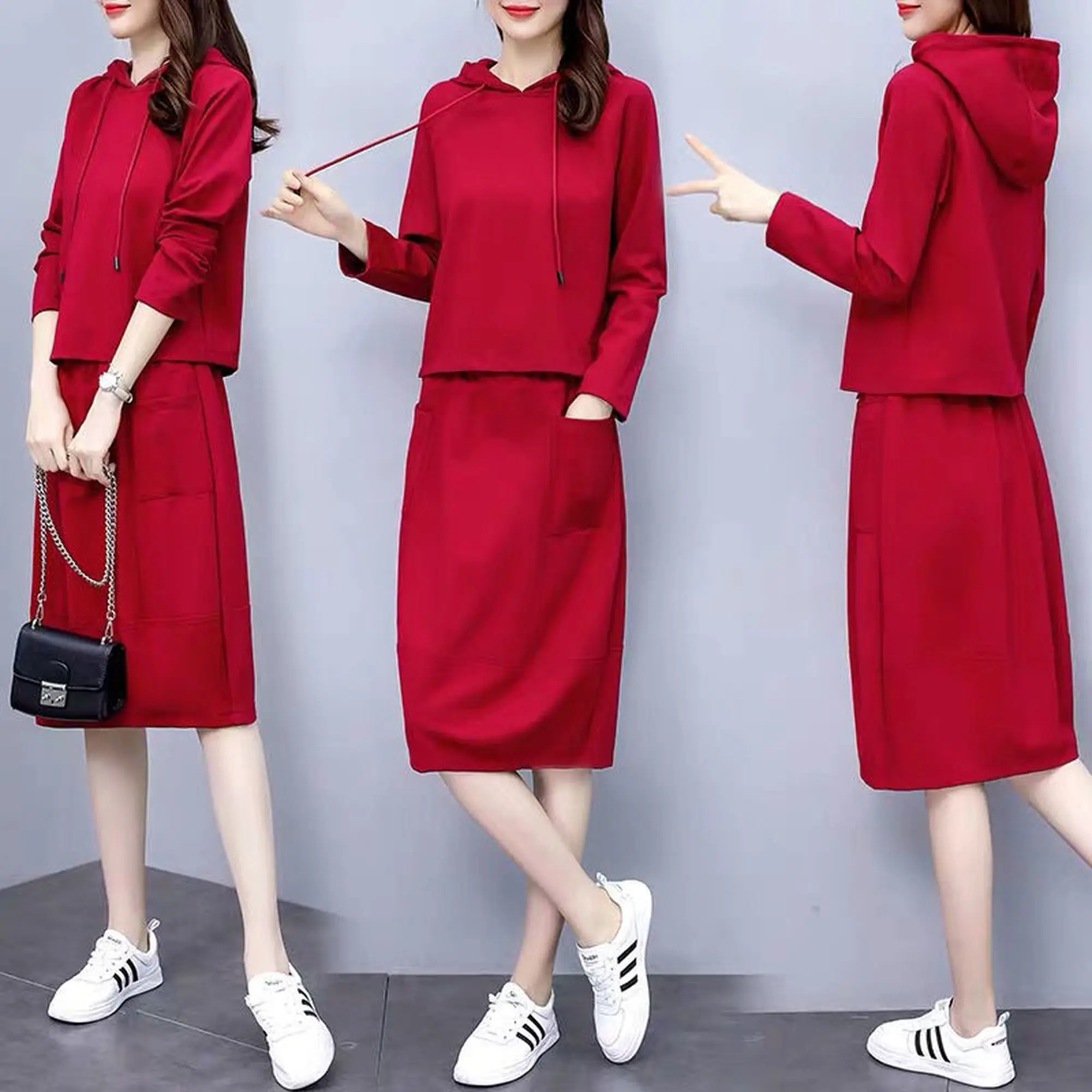 

One Piece/Set Cotton 2020 Autumn and Winter Large Size Dress Casual Fashion Long Sleeve Two Piece Suit Hip Dress