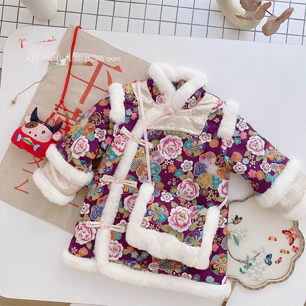 

Зимняя одежда для девочек WLG, вельветовые плотные платья в китайском стиле с цветочным узором и сумкой, теплое платье для маленьких девочек