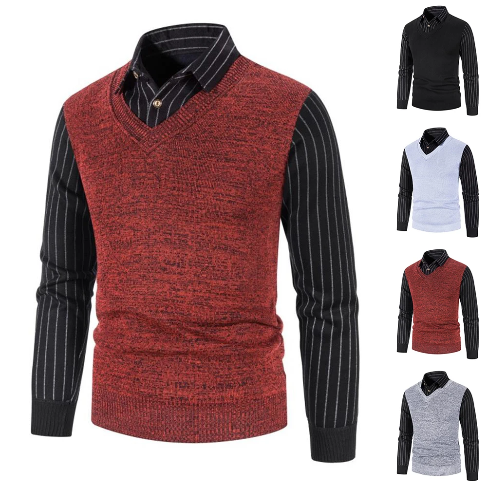 

Thicken Fake Two Piece Sweaters Men Long Sleeve Sweater Patchwork Pullover Casual Winter Slim Jumper Coat Top L