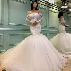 Gorgeous Long Sleeves Lace Mermaid Wedding Dress Bridal Gowns Off Shoulder Appliques Sweep Train Lace-up Back Plus Size Vestido