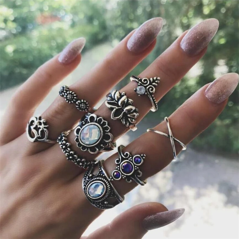 

Docona Boho Finger Jewelry Crown Geometric Rhinestone Leaf Women Ring Sets Hollow Stacking Finger Rings Vintage Silver Color