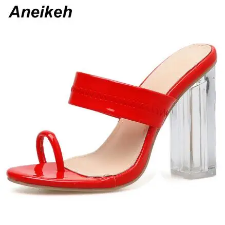 Red Aneikeh/ Новинка в классическом стиле для досуга, женские тапочки на платформе с открытым носком квадратное чистое стекло обувь на высоком каблуке на каждый день красный желтый размеры 35–42 - Цвет: Red
