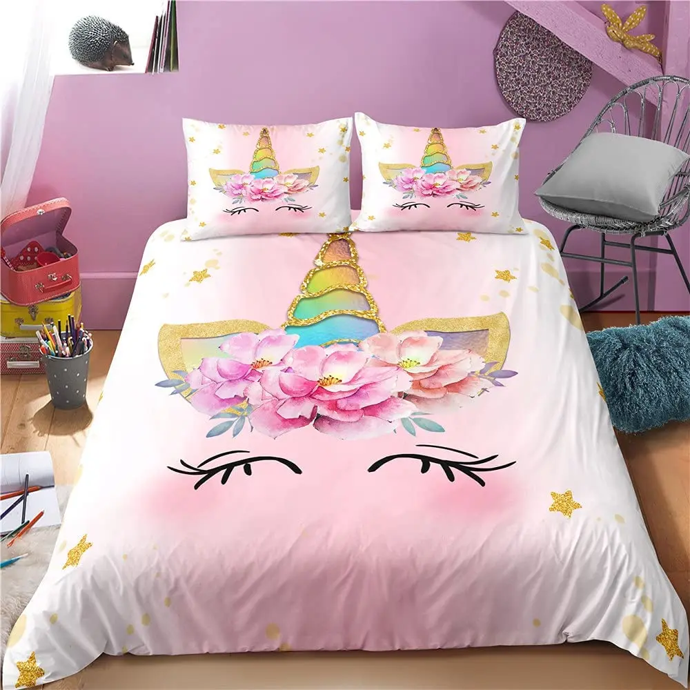 

Sunnycitron Cartoon Unicorn Bedding Set Pink Cute Smiling Unicorn Duvet Cover for Kids Teens Girls Bedroom Decorative