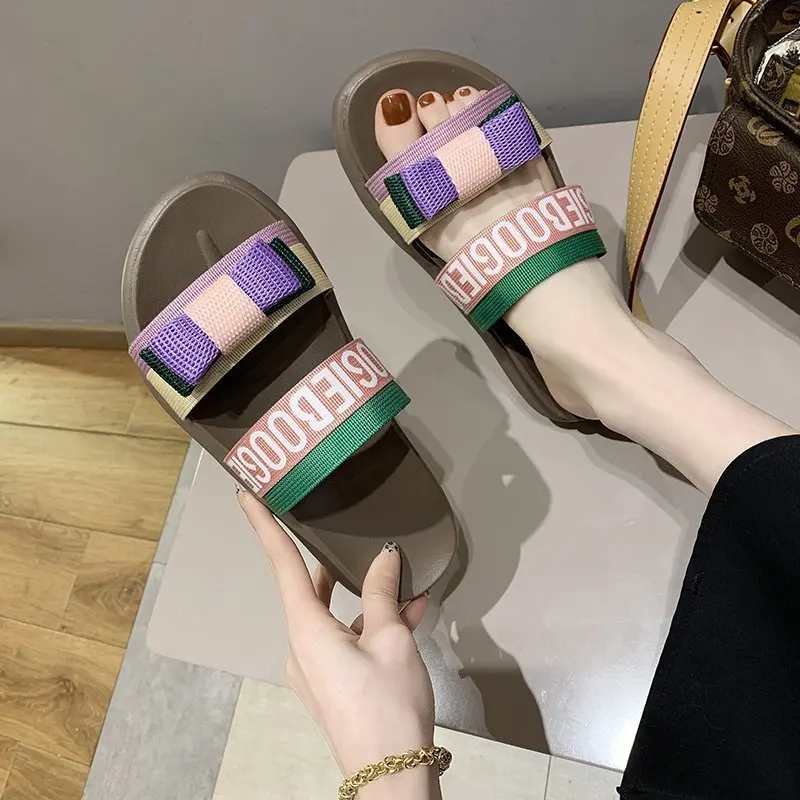

2021 Women Canvas Weave Slippers Fashion Chain Platform Casual Slippers High Quality Outdoor Open Toe Flat Beach Female Slides