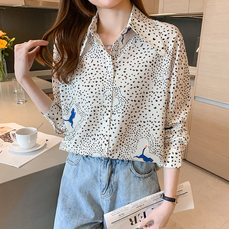 

Шелковая женская блузка, свободная рубашка-поло для девочек, летний модный топ с длинным рукавом, шифоновая повседневная женская блузка с п...