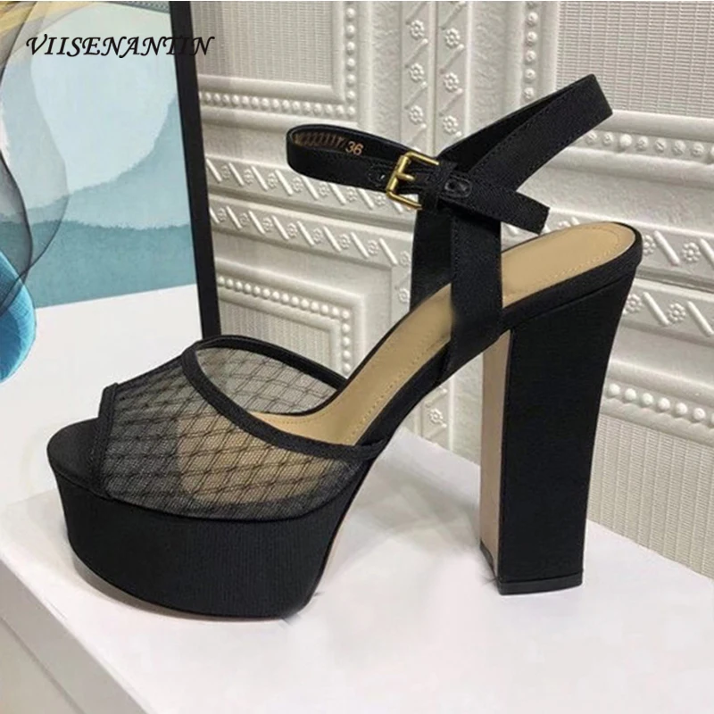 

Haute couture 2021 new summer thick-heeled waterproof platform black mesh fashion show high-heeled sandals