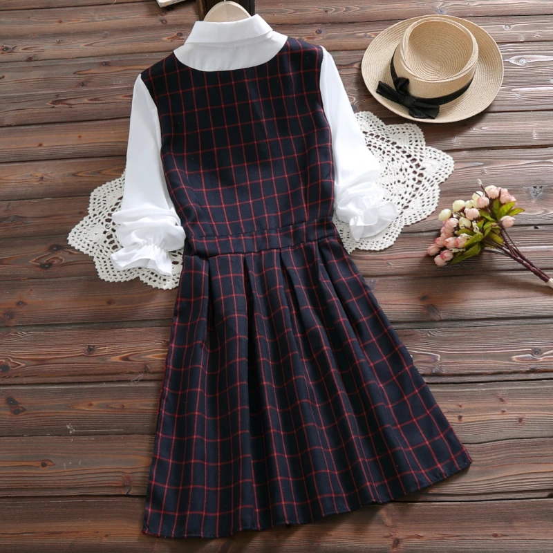 Женское короткое платье весна осень милое в клетку симпатичное японского